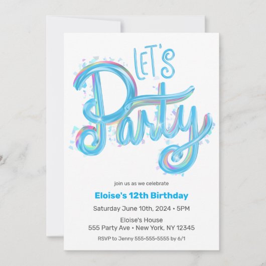 Electric Blue "Let's Party" Modern & farbenfroh Einladung (Vorderseite)