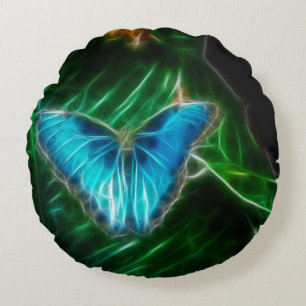 Electric Blue Morpho Butterfly Fraktal Rundes Kissen
