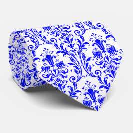 Electric Blue White Floral Damask Krawatte