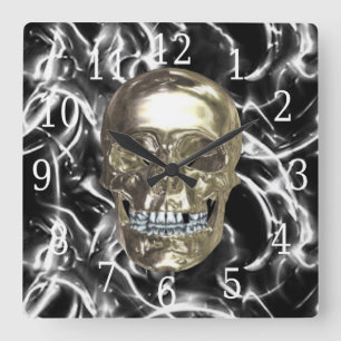 Electric Chrome Skull Square Clock Quadratische Wanduhr