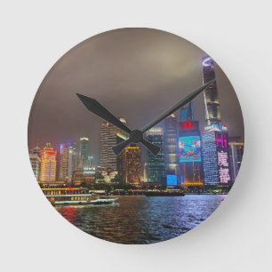 Electric Dreams - Futuristic Shanghai Skyline, A C Runde Wanduhr