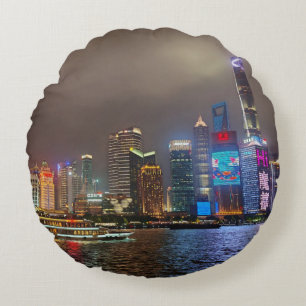 Electric Dreams - Futuristic Shanghai Skyline, A C Rundes Kissen