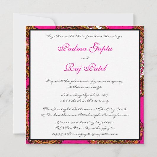 Electric Fuscia Paisley Wedding Einladung (Rückseite)