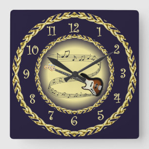 Electric Guitar 01 ~ Musical Scroll/Gold/Navy Blue Quadratische Wanduhr