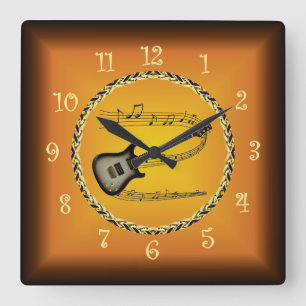 Electric Guitar 02 Musical Scroll & Russet Orange Quadratische Wanduhr