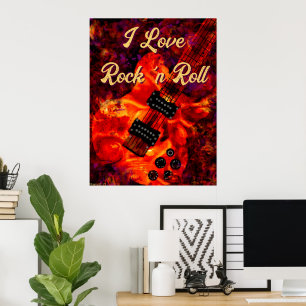 Electric Guitar on Fire Red Black Liebe Rock'n'Rol Poster