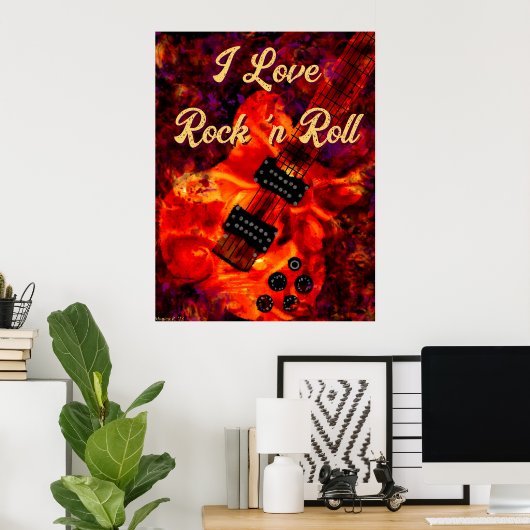Electric Guitar on Fire Red Black Liebe Rock'n'Rol Poster (Heimbüro)
