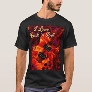 Electric Guitar on Fire Red Black Liebe Rock'n'Rol T-Shirt