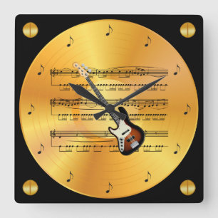 Electric Guitar ~ Sheet Music ~ Gold Record ~ Quadratische Wanduhr