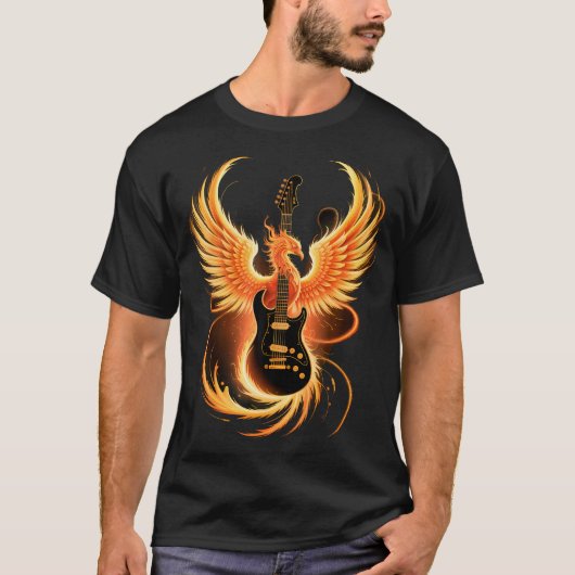 Electric Guitar With Fiery Winged Silhouette In Bl T-Shirt (Vorderseite)