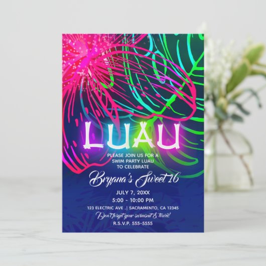Electric Luau Tropical Night Neon Aloha Party Einladung (Stehend Vorderseite)