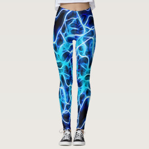 Electric Neon Blue Tesla Coil Lightning Leggings