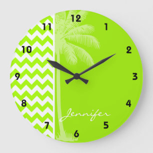 Electric Neon Lime Green Chevron; Tropical Palm Große Wanduhr
