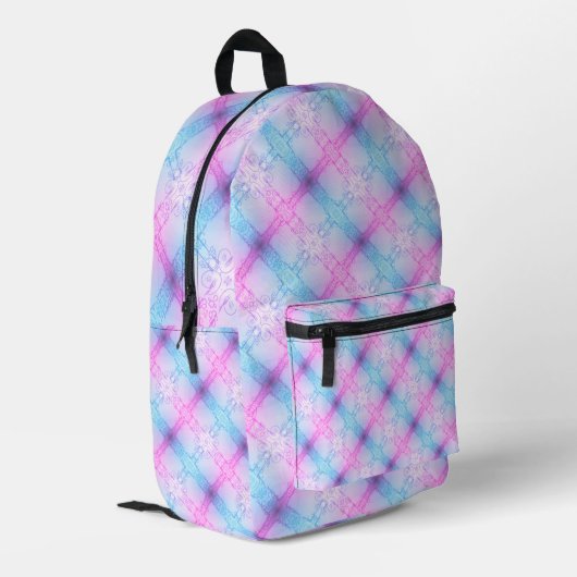 Electric Neon Pink Blue Pastel Trans Pride Plaid Bedruckter Rucksack (Rückseitige Ecke links)