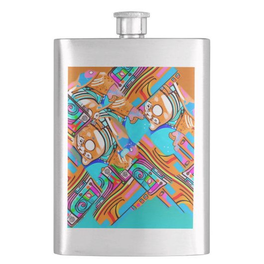Electric Orange & Cyan Dreams — Abstraktes Design Flachmann (Vorderseite)