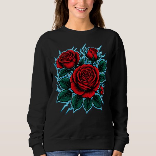 Electric Roses | Rote Rose und Blitz-Grafik Sweatshirt (Vorderseite)