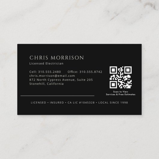 Electrician Black & Silver Professional QR Code Visitenkarte (Rückseite)