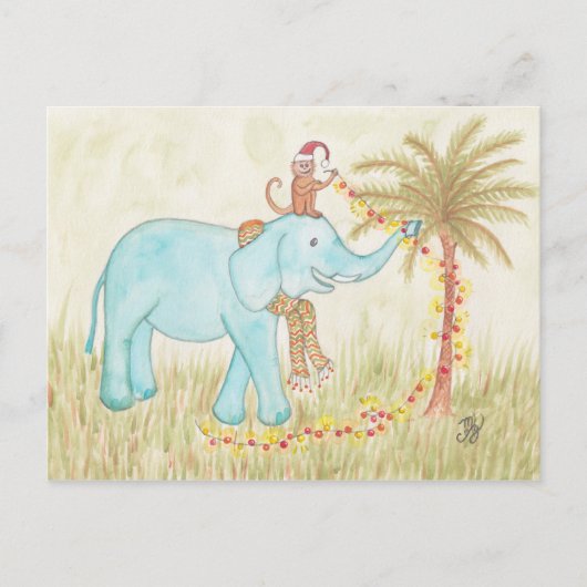 Elefant & Affe Stricken Weihnachtsleuchten Postkarte (Vorderseite)