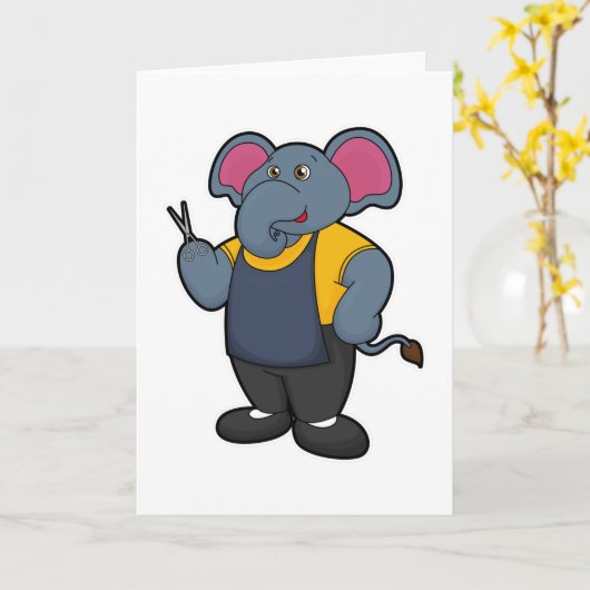 Elefant als Friseur mit Schere Karte (Gelbe Blume)