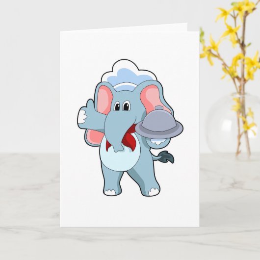 Elefant als Kellner mit Platter Karte (Gelbe Blume)
