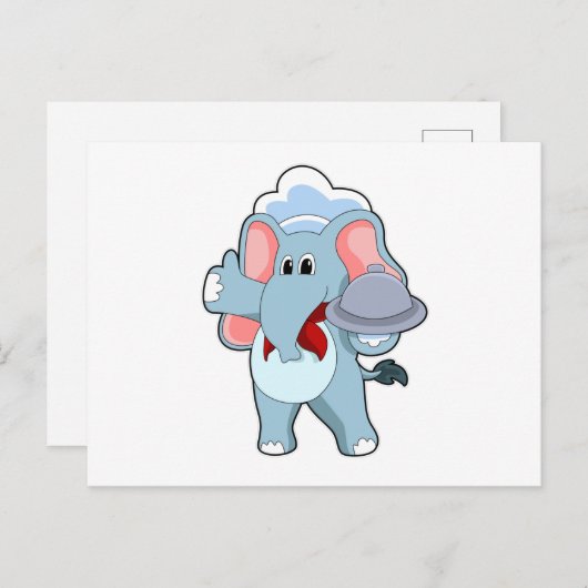 Elefant als Kellner mit Platter Postkarte (Vorne/Hinten)