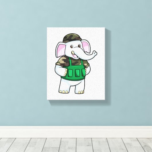 Elefant als Soldat mit Uniform & Helm Leinwanddruck (Insitu (Holzboden))