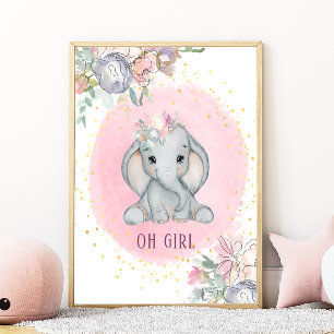 Elefant Aquarell Rosa Floral Babyzimmer Mädchen Poster