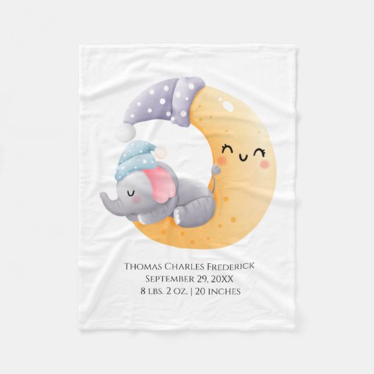 Elefant auf dem Mond Personalisiertes Geburtsstati Fleecedecke (Vorderseite)