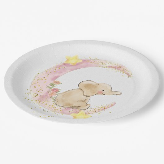 Elefant auf einem Mond mit Glitzer Pappteller (Schrägansicht)