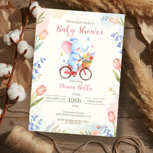 Elefant auf Fahrrad Florales Babyshower Einladung