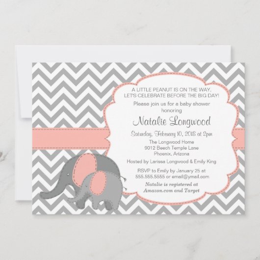 Elefant-Baby-Duschen-Einladung, Zickzack, Koralle Einladung (Vorderseite)