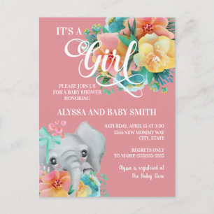 Elefant Baby Mädchen Baby Shower Rosa Gelb Türkis Postkarte