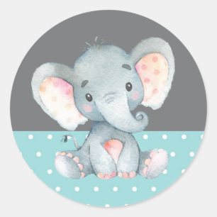 Elefant-Baby-Party Aqua und Grau Runder Aufkleber