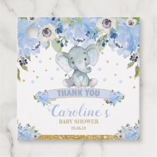 Elefant Baby Shower Blau Floral Junge Dankeschön Geschenkanhänger