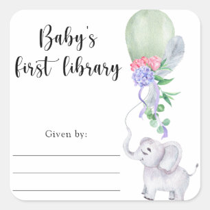 Elefant Baby Shower Bücheretikett, Bücher fürs Bab Quadratischer Aufkleber