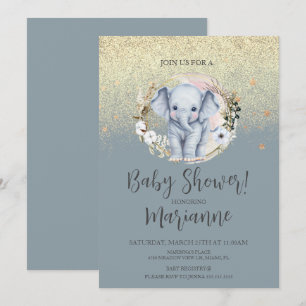 Elefant Baby Shower Faux Gold Glitter Staubblau Einladung