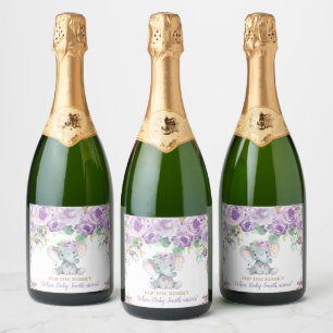 Elefant Baby Shower Lila Blumen Knall die Blasen Schaumweinetikett