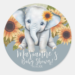Elefant Baby Shower Sonnenblume Glitter Staubblau Runder Aufkleber