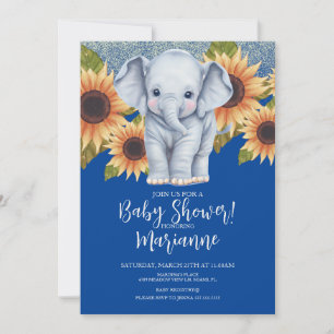 Elefant Baby Shower Sonnenblumen Glitter Blau Einladung