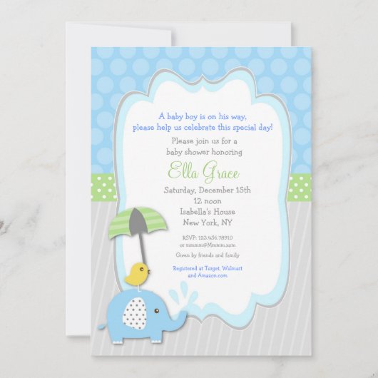 Elefant-Babyparty-Einladungsjunge Einladung (Vorderseite)