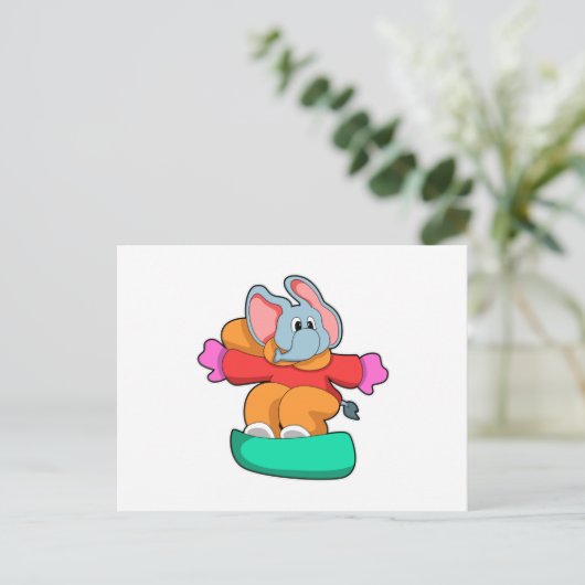 Elefant beim Snowboarden mit Snowboard Postkarte (Stehend Vorderseite)