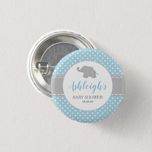 Elefant Blau Grau Punkte Junge Baby Shower Button (Vorne & Hinten)