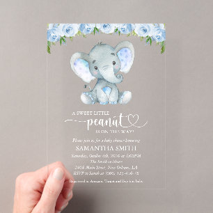 Elefant, blaue Aquarell-Blume, Babydusche Acryleinladungen