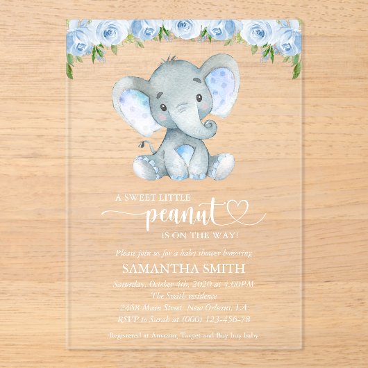 Elefant, blaue Aquarell-Blume, Babydusche Acryleinladungen (Vorderseite)