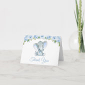 Elefant, blaue Aquarell-Blume, Babydusche Dankeskarte (Vorderseite)
