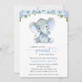 Elefant, blaue Aquarell-Blume, Babydusche Einladung (Vorderseite)