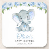 Elefant, blaue Aquarell-Blume, Babydusche Getränkeuntersetzer (Vorderseite)