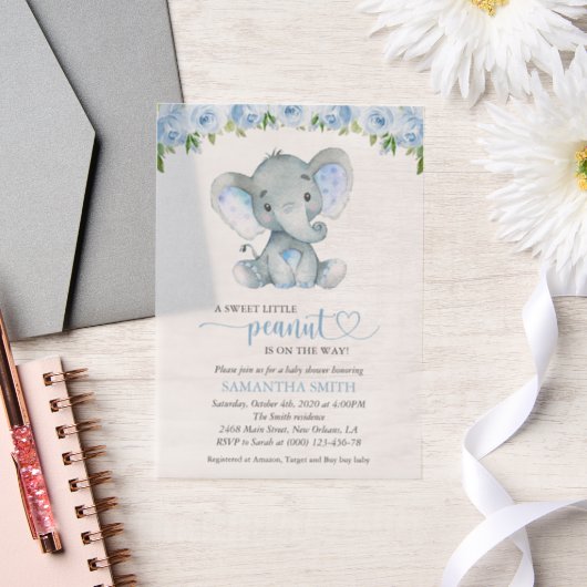 Elefant, blaue Aquarell-Blume, Babydusche Pergament Einladungen (Hochzeit)