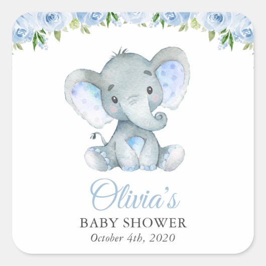 Elefant, blaue Aquarell-Blume, Babydusche Quadratischer Aufkleber (Vorderseite)