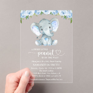 Elefant, Blaue Aquarellblumen, Babyparty Acryleinladungen